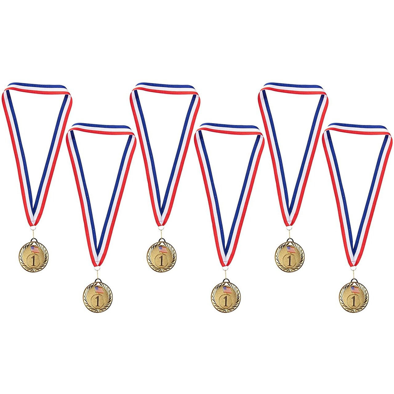Juvale Gold Medals - 6-Pack Metal Winner Awards, Perfect for Sports, Competitions, Spelling Bees, Party Favors, 2.75 Inches Diameter with 16.3 Inch USA Ribbon
